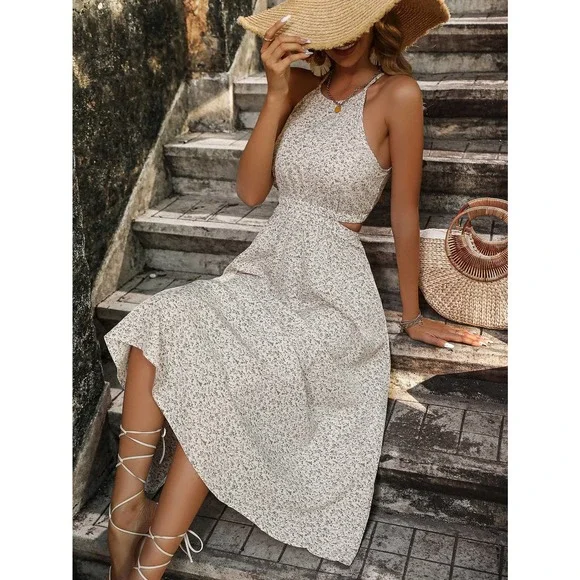 boho Floral Print Cut Out Waist Halter midi Dress - Picture 8 of 9